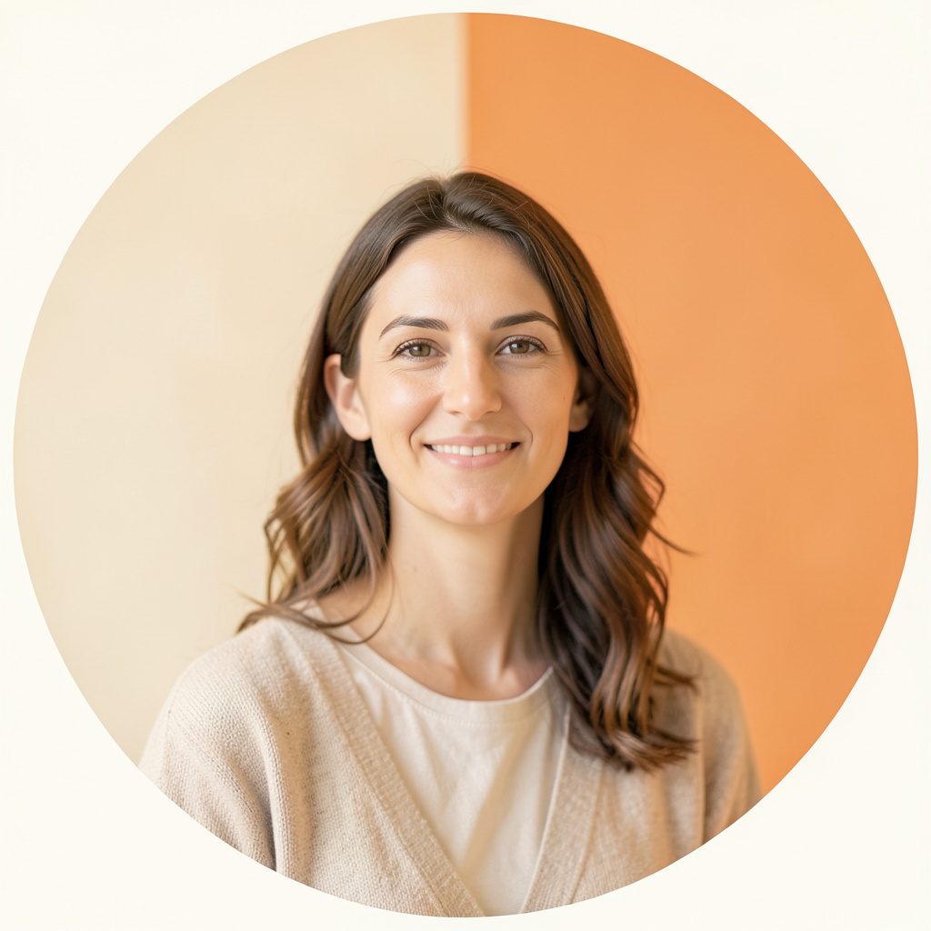 A warm circular portrait of a book blogger against a soft cream backdrop, calm and inviting